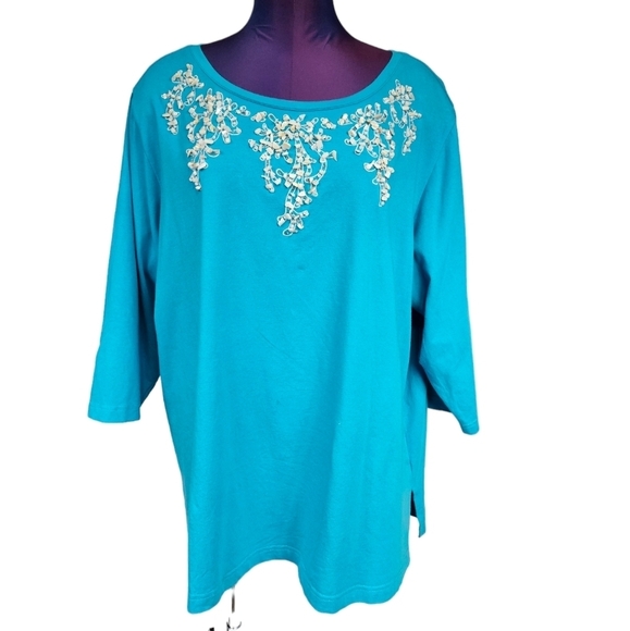 Bob Mackie Wearable‎ Art Turquoise Shell Beaded 3/4 Sleeve Top Size 2X Women D21 - Picture 1 of 9